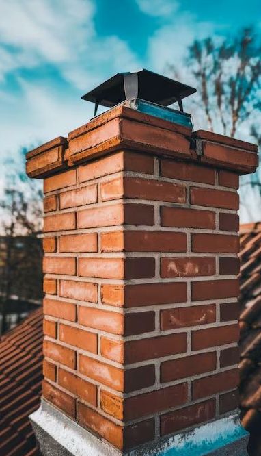 Stainless steel cap fitted on a tall brick chimney