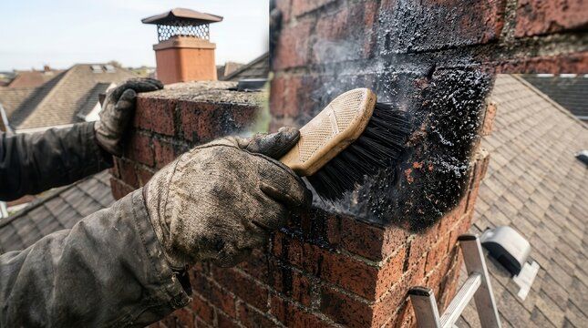 Gloved hands scrubbing weathered chimney brick beside a new cap