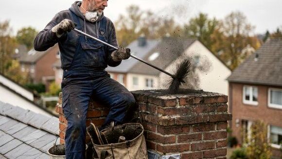 Sweep seated on a brick chimney working a brush down the flue