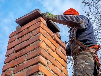 Mason setting a new concrete crown on a rebuilt brick chimney