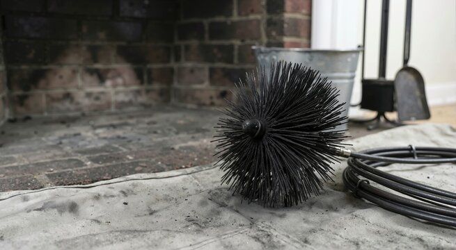Flue brush and coiled rods staged on a dropcloth by a hearth