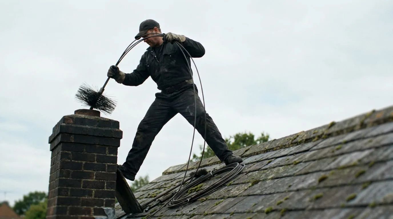 Chimney sweep working a brush atop a steep roof near Lake Erie