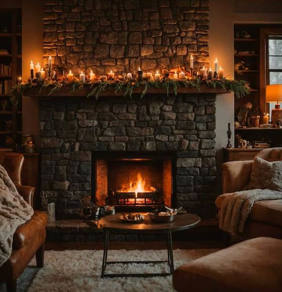 Stacked stone fireplace anchoring a warm family room